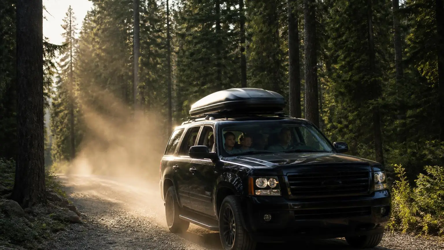 Full-size SUV on a forest gravel road with family inside
