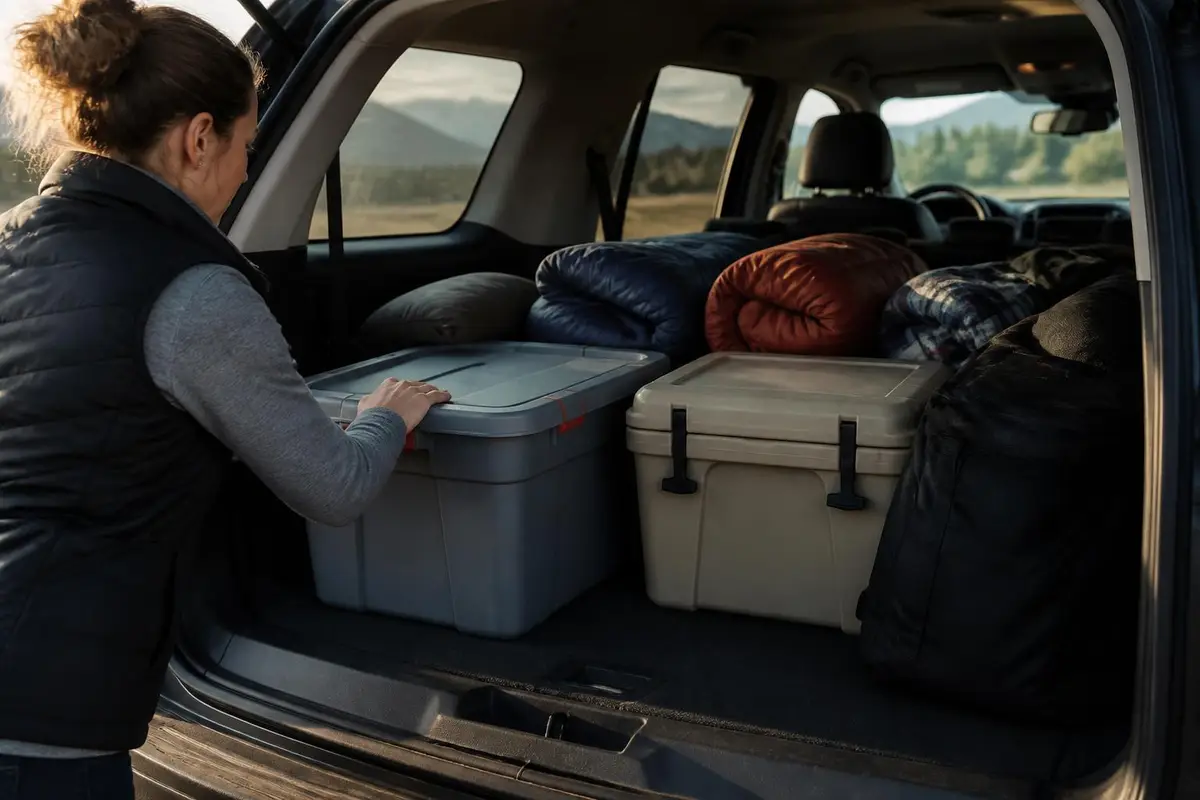 Third-row seats folded with gear loaded in a full-size SUV
