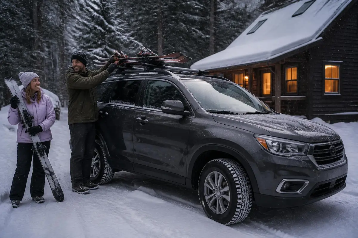 Full-size SUV at a snowy cabin with ski gear