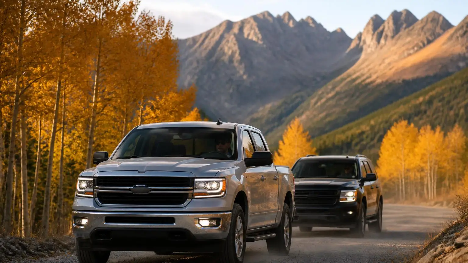 Full-size pickup and full-size SUV on a gravel mountain road