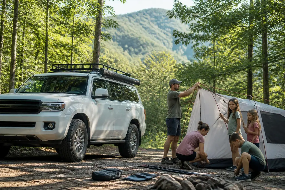 Full-size SUV with roof basket at a forest campsite