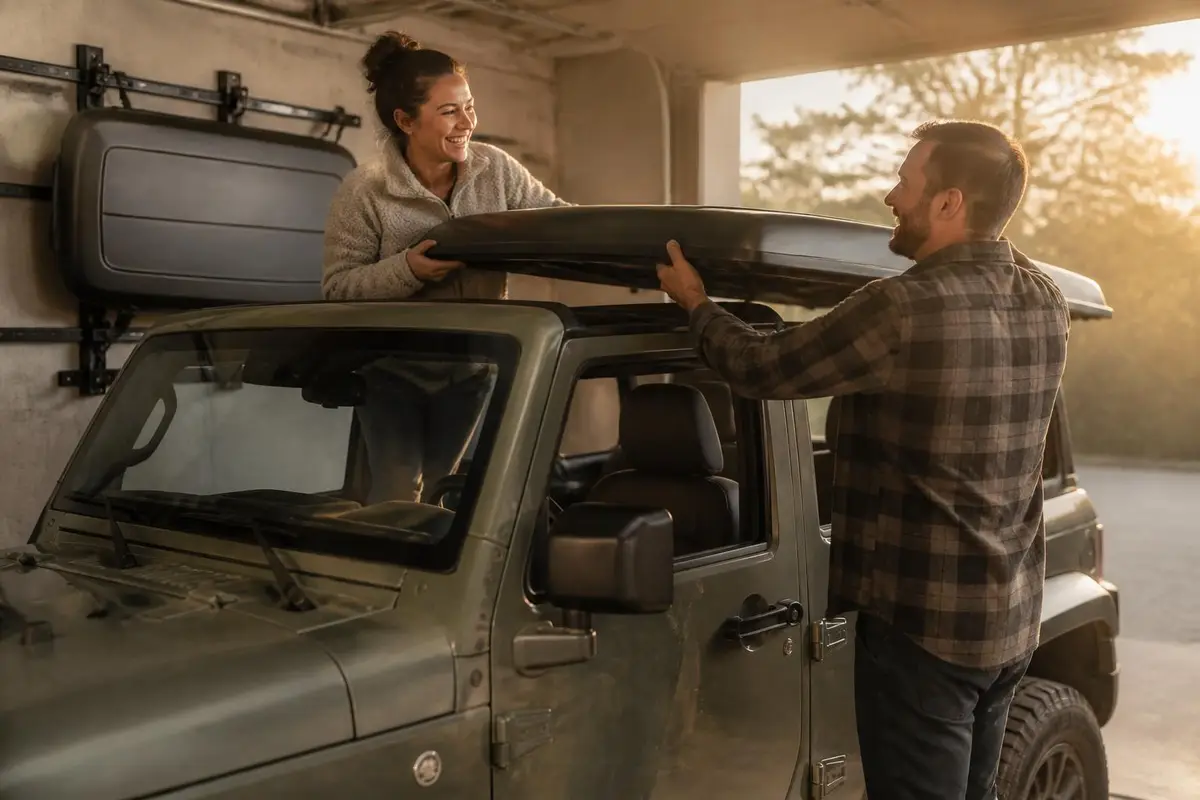 Owners removing roof panels in a garage