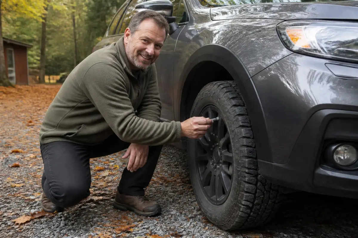 Owner checking tire tread depth on a compact crossover