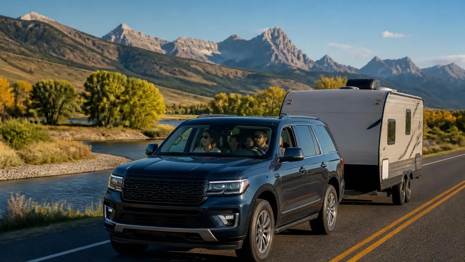 Full-size SUV towing a travel trailer through a mountain valley