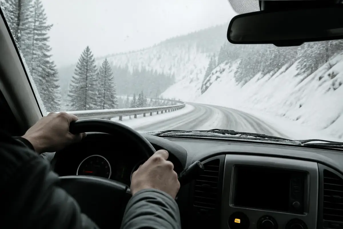 Driver's view in a full-size SUV on a snowy highway