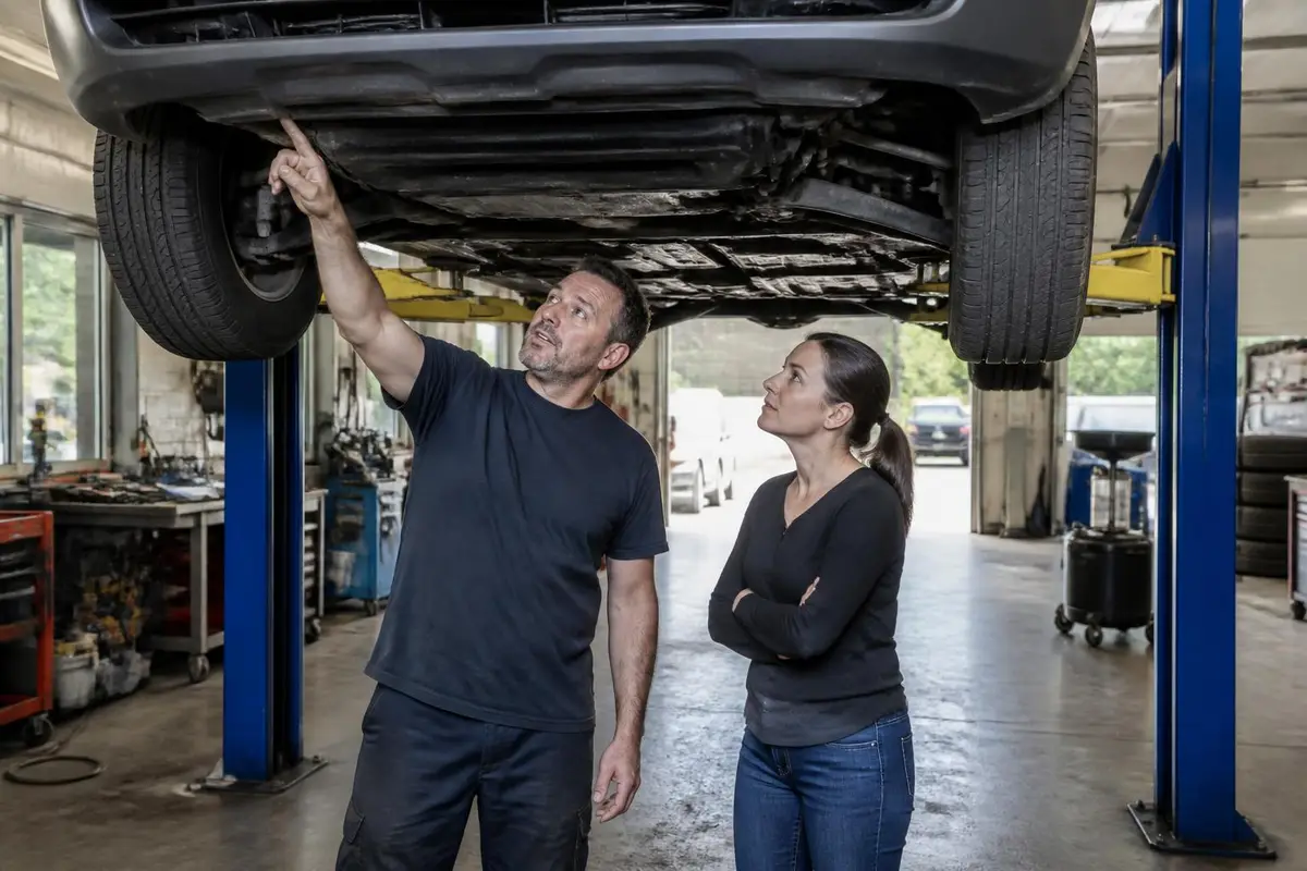 Mechanic showing an owner something under a raised SUV