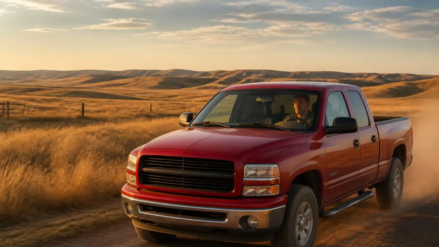 Full-size pickup driving a dirt road through golden prairie
