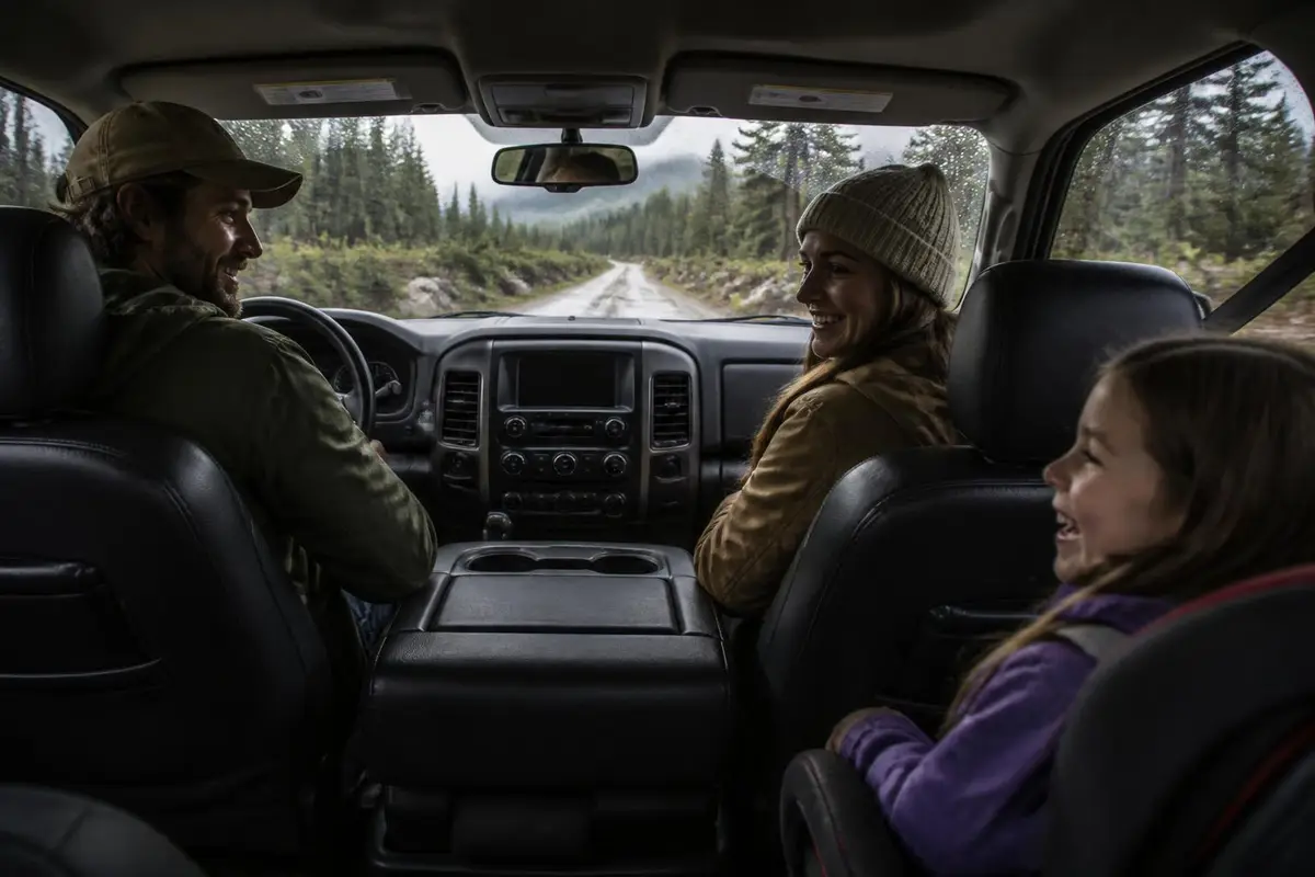 Rear seat view of a family in a full-size pickup crew cab
