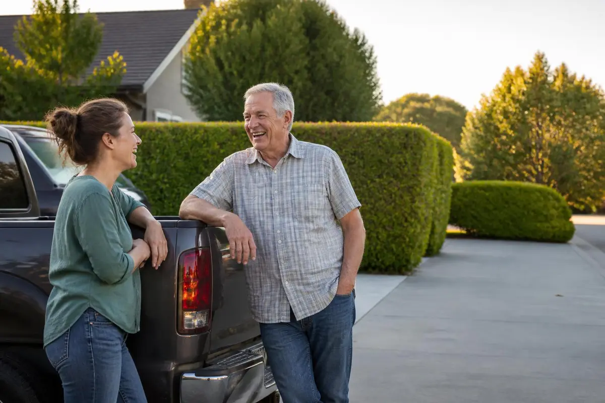 Neighbours chatting across two pickups in a driveway