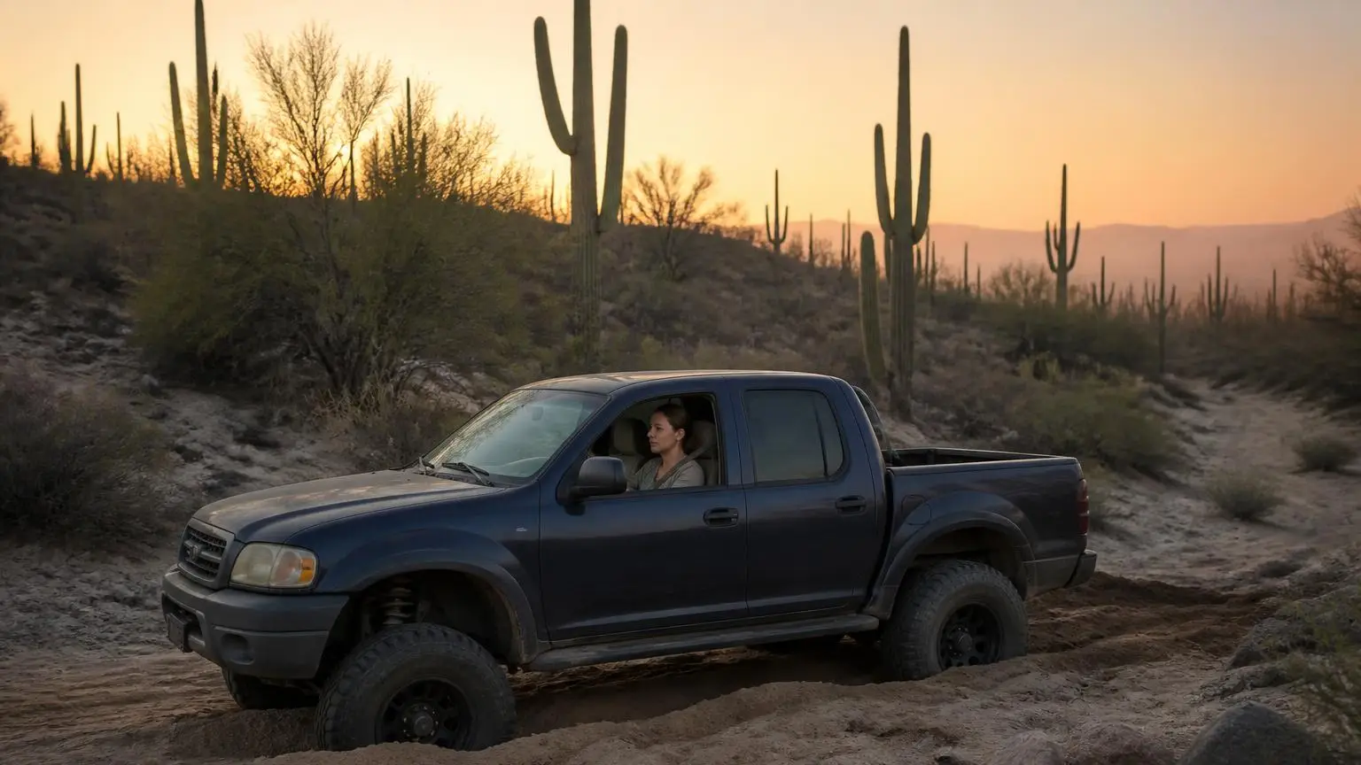 Mid-size pickup crossing a sandy wash in the desert at dawn