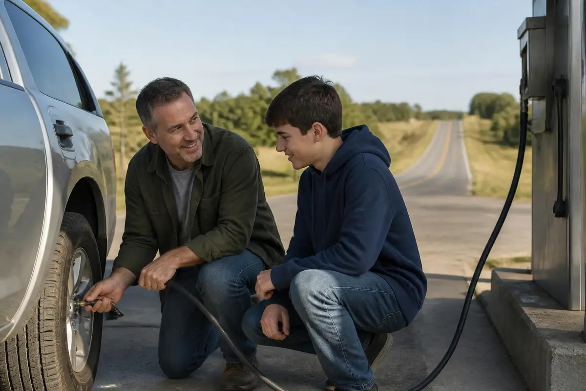 Father teaching his son to check tire pressure
