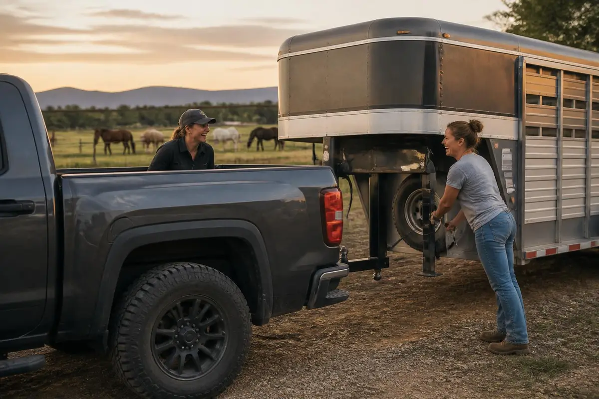 Friends hitching a horse trailer to a heavy-duty pickup