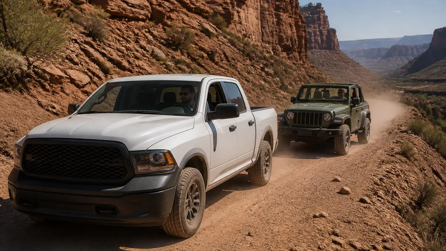 Full-size pickup and removable-roof off-roader on a canyon trail