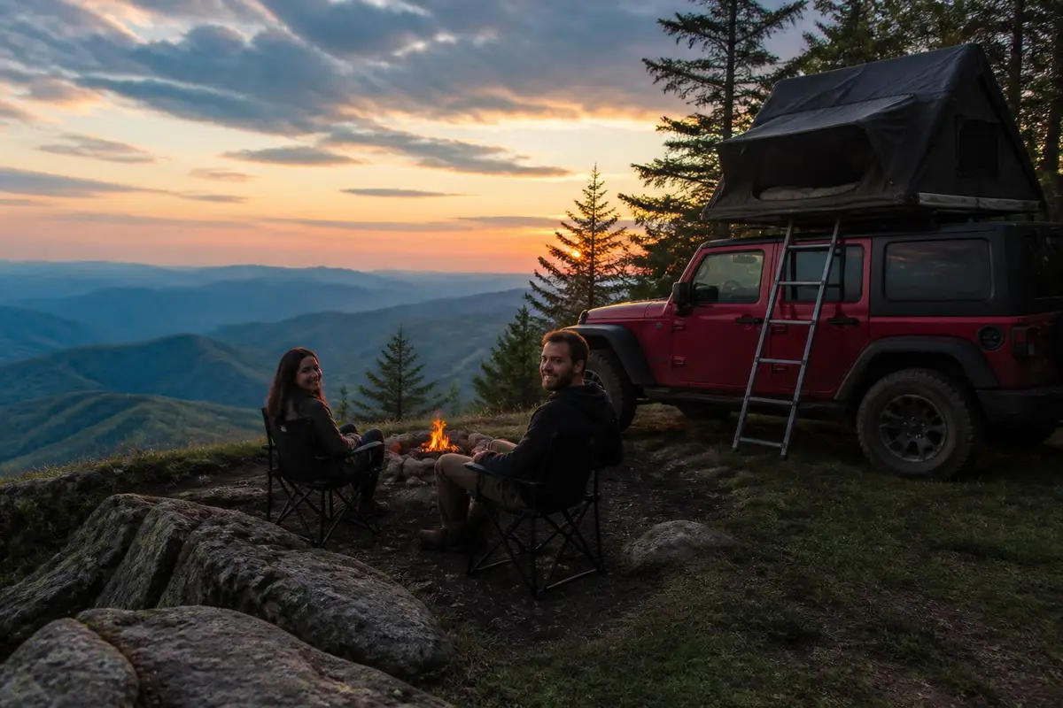 Off-roader with roof tent camped on a ridge at sunset