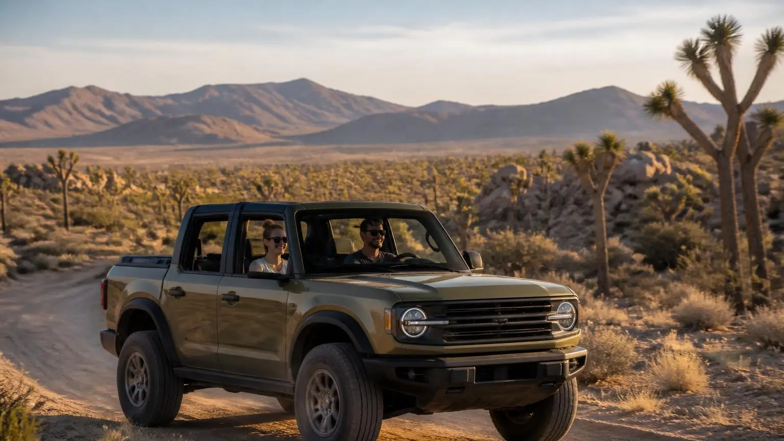 Four-door pickup with removable roof on a desert two-track