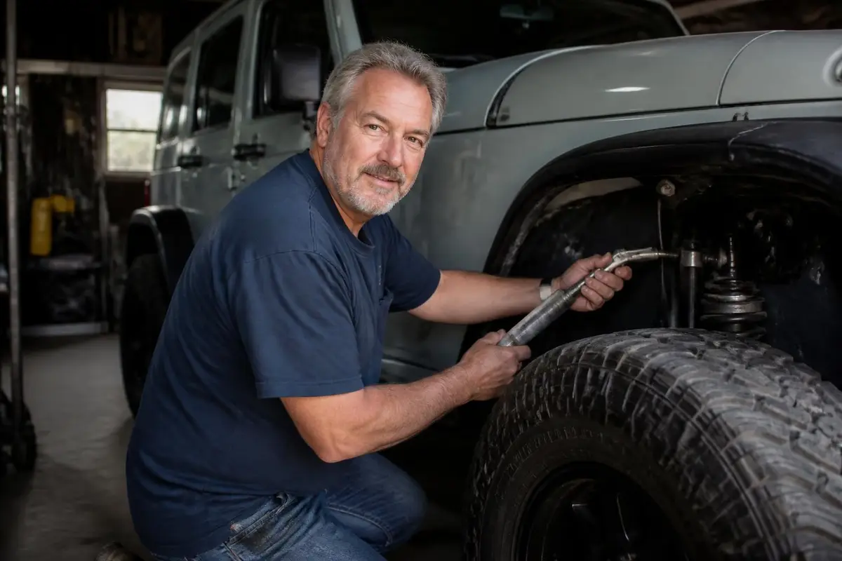 Owner greasing suspension fittings on a pickup