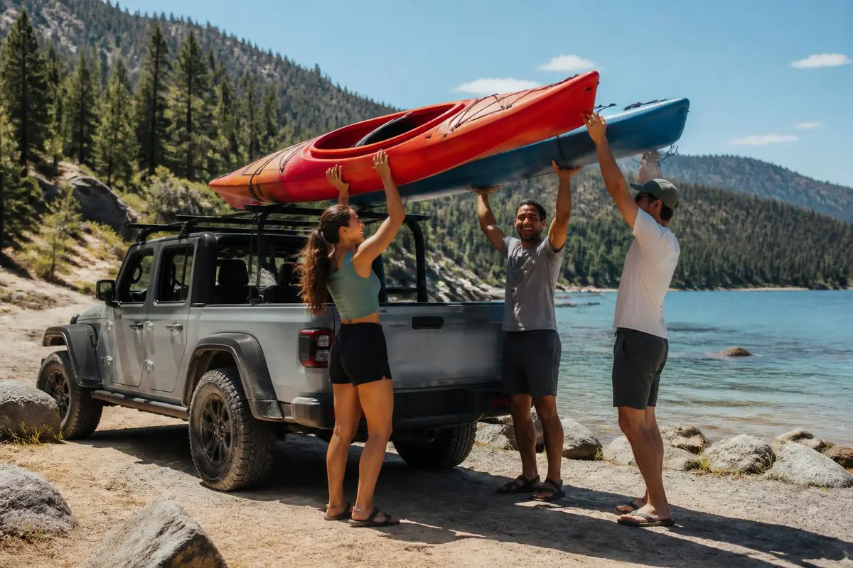 Friends unloading kayaks from a pickup at a lake