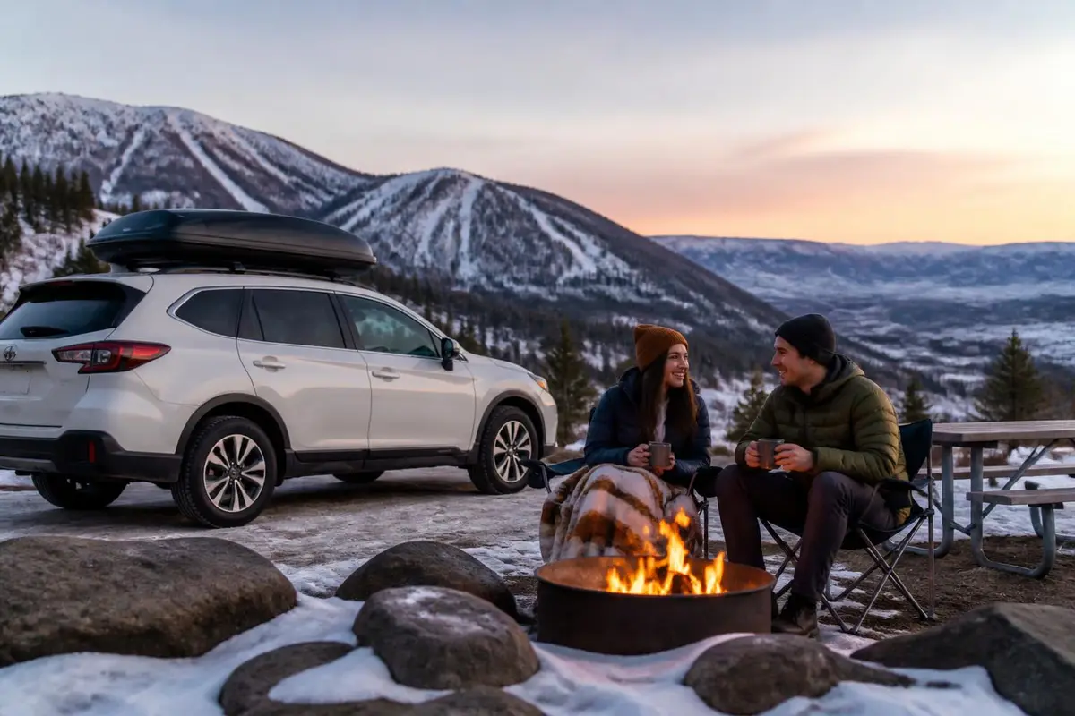 Mid-size SUV with a roof box at a ski-area campground