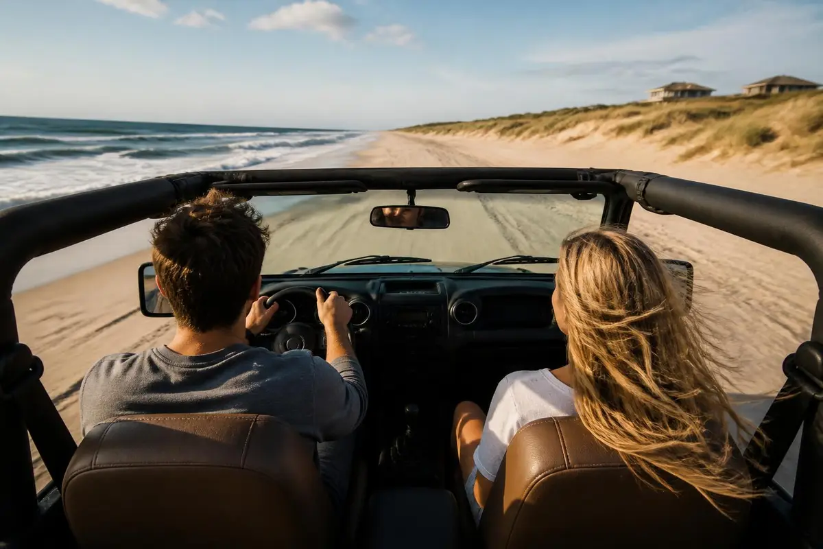 Interior of an open-top off-roader on a sandy beach track