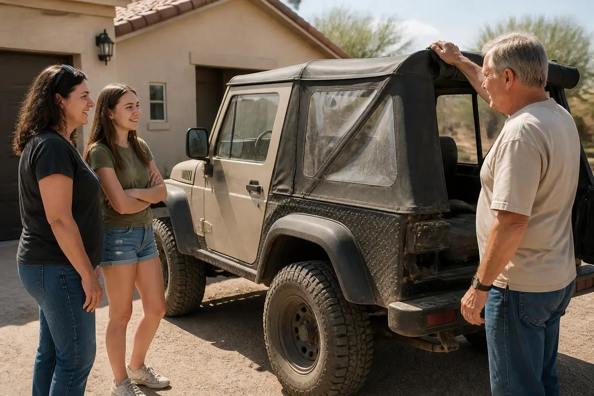 Teen and parent inspecting a used two-door off-roader