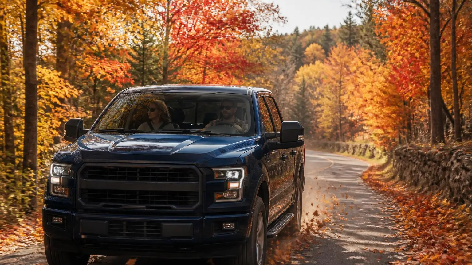 Full-size pickup driving a forest road in autumn