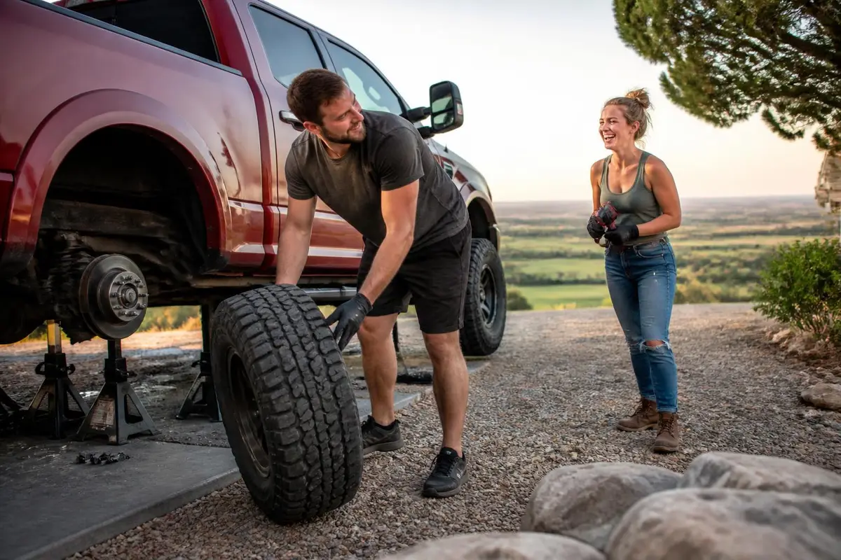 Owner rotating tires on a full-size pickup