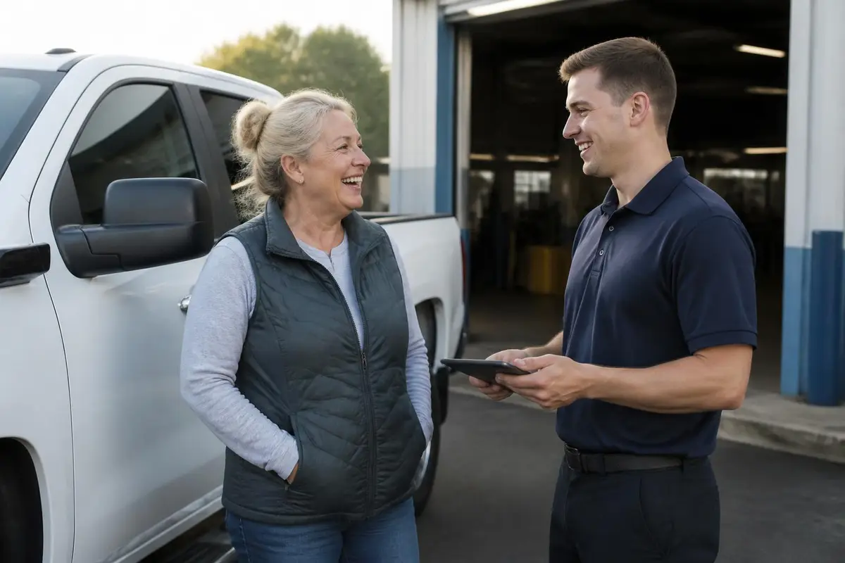 Owner chatting with a friendly service advisor outside a shop