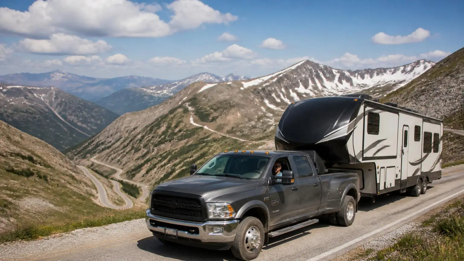Heavy-duty diesel pickup towing a fifth-wheel on a mountain pass