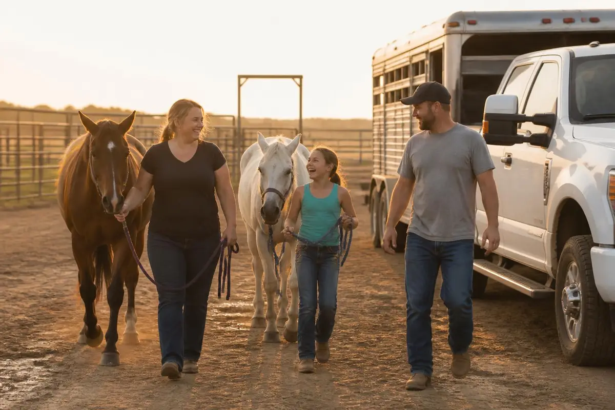Family with horses beside a heavy-duty pickup