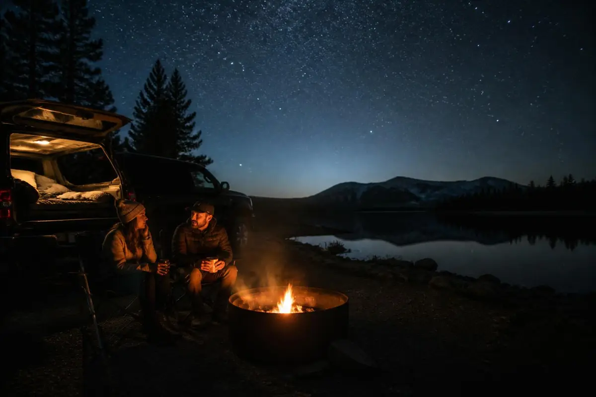 Pickup with a camper shell at a lake camp at night