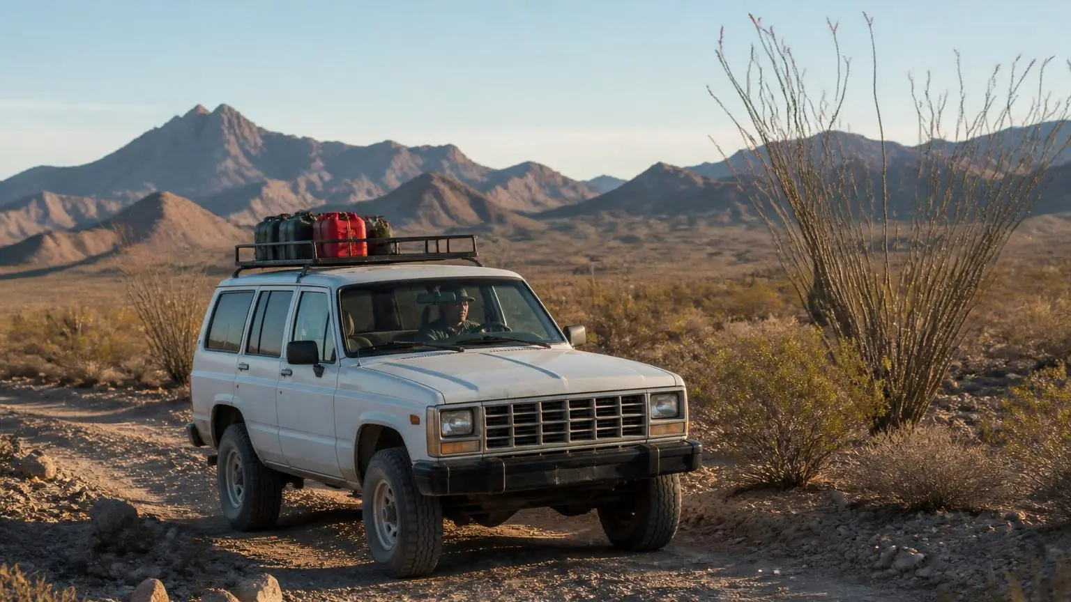 Older square-bodied 4x4 on a remote desert track