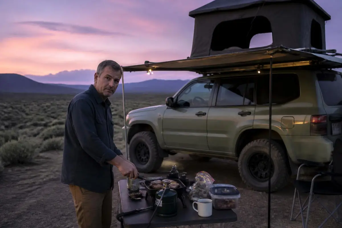 Boxy SUV with awning at a high desert camp