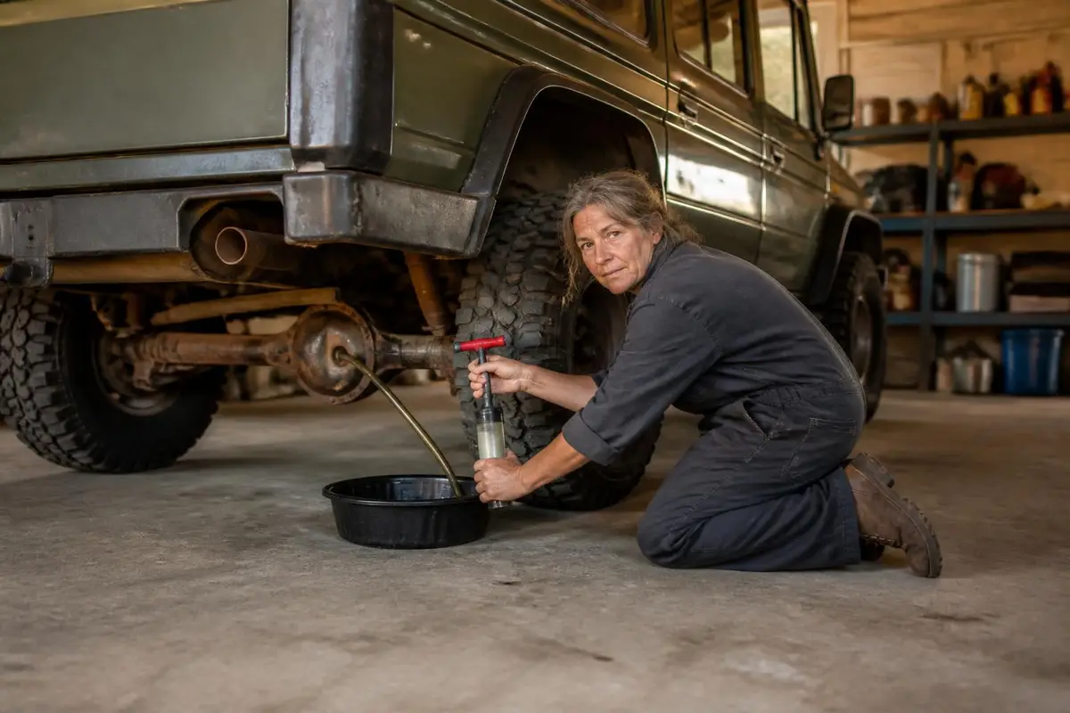 Owner topping up gear oil in a garage