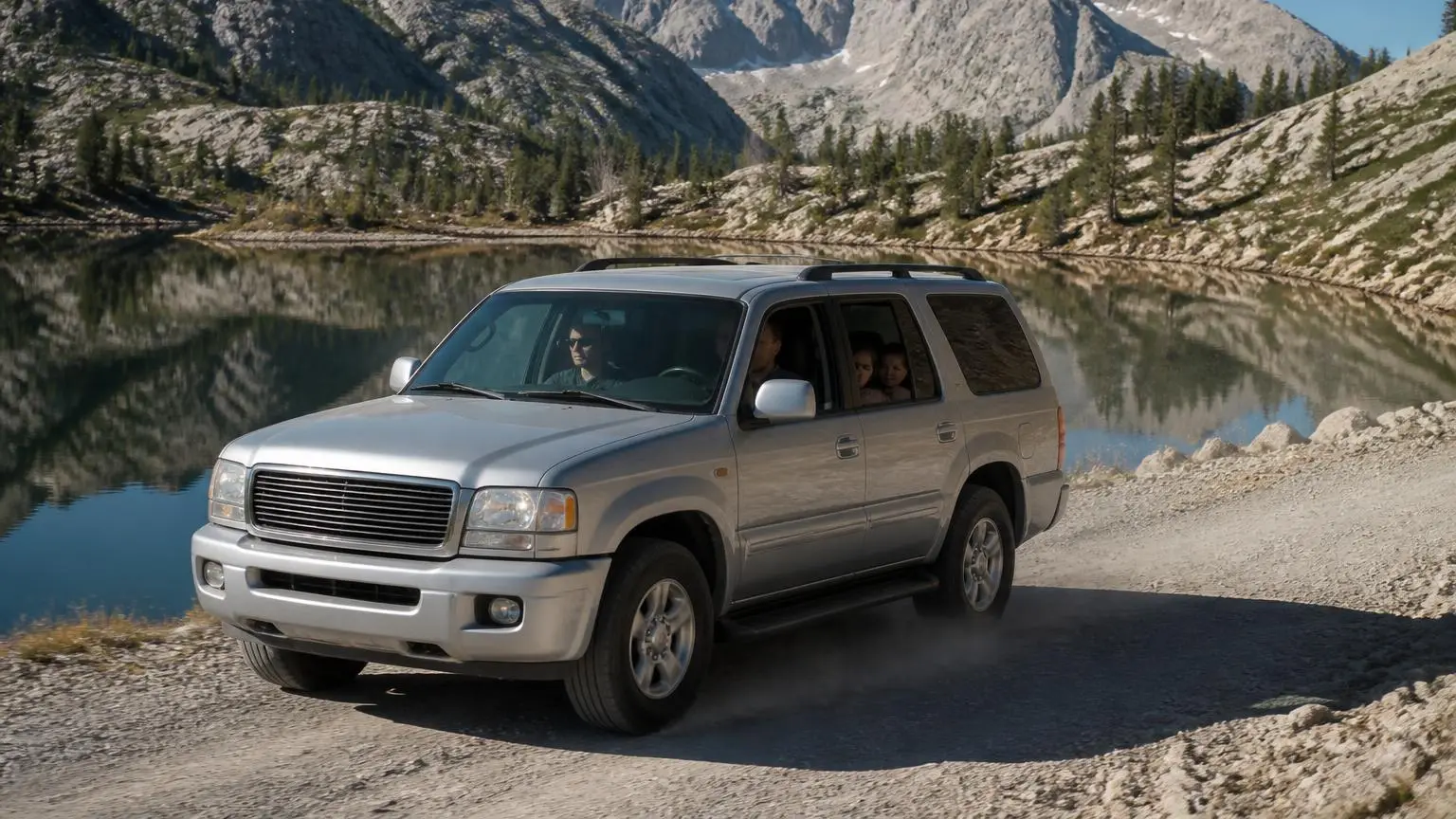 Full-size SUV on a mountain lake road with a family