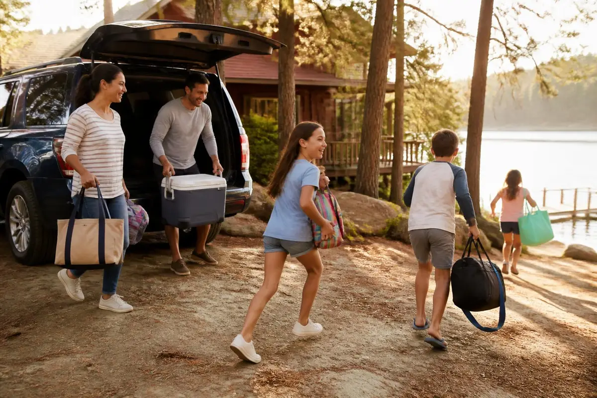 Large family unloading at a cabin