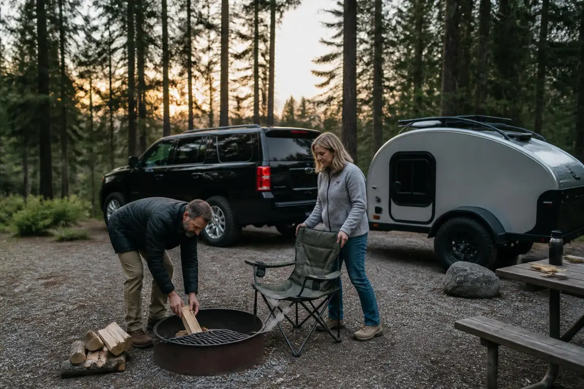 Full-size SUV towing a teardrop trailer at a forest camp