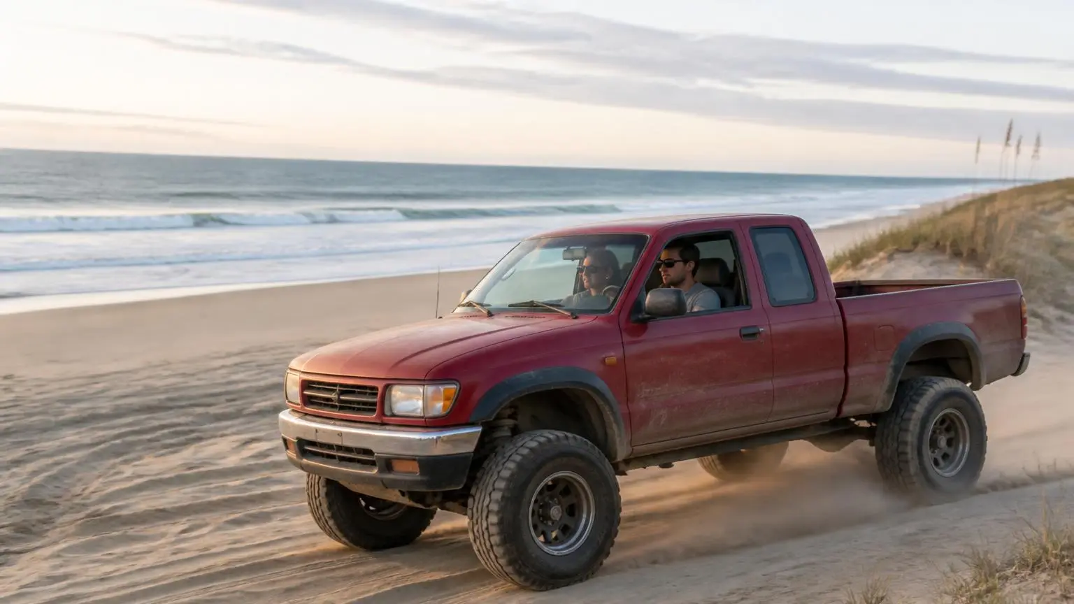 Mid-size pickup on a beach track with aired-down tires