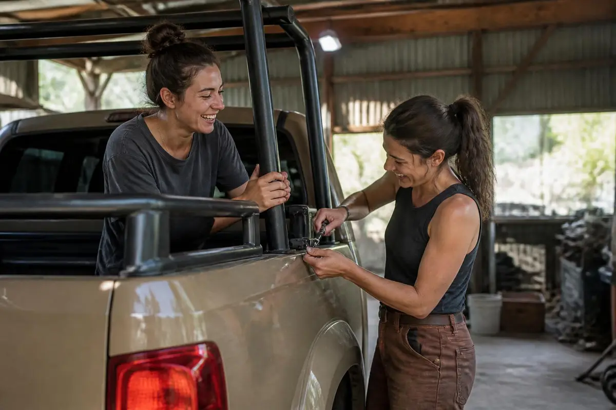 Friends installing a bed rack on a mid-size pickup