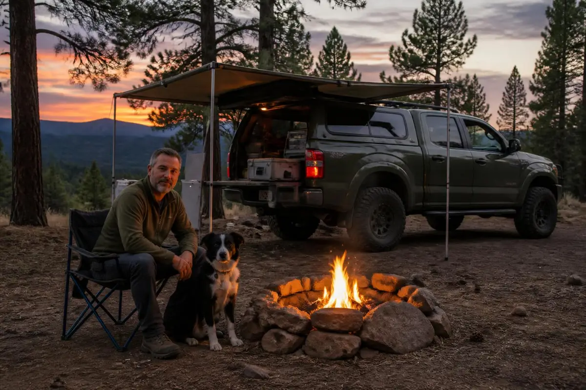Mid-size pickup with a canopy camp in a pine forest