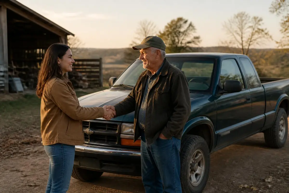 Buyer and seller shaking hands beside a mid-size pickup