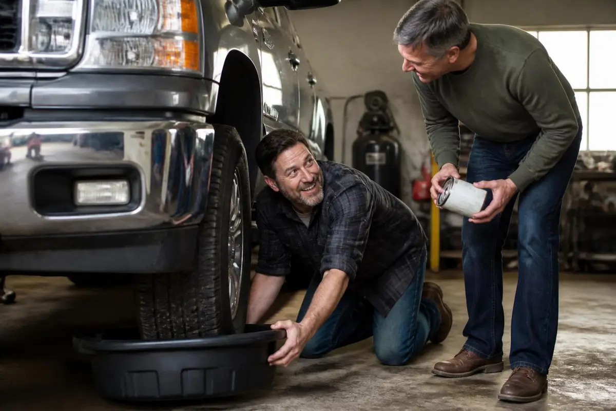 Owner changing oil with a friend