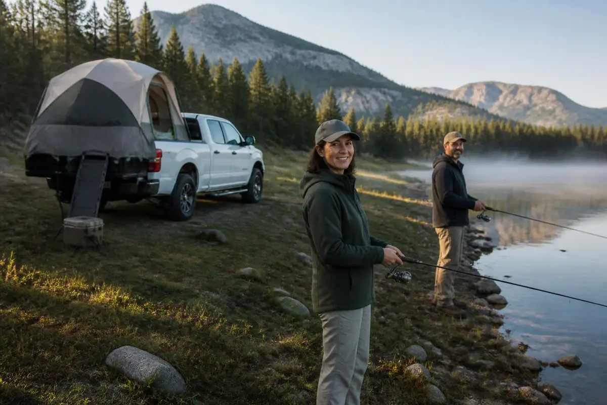 Full-size pickup with a bed tent at a mountain lake