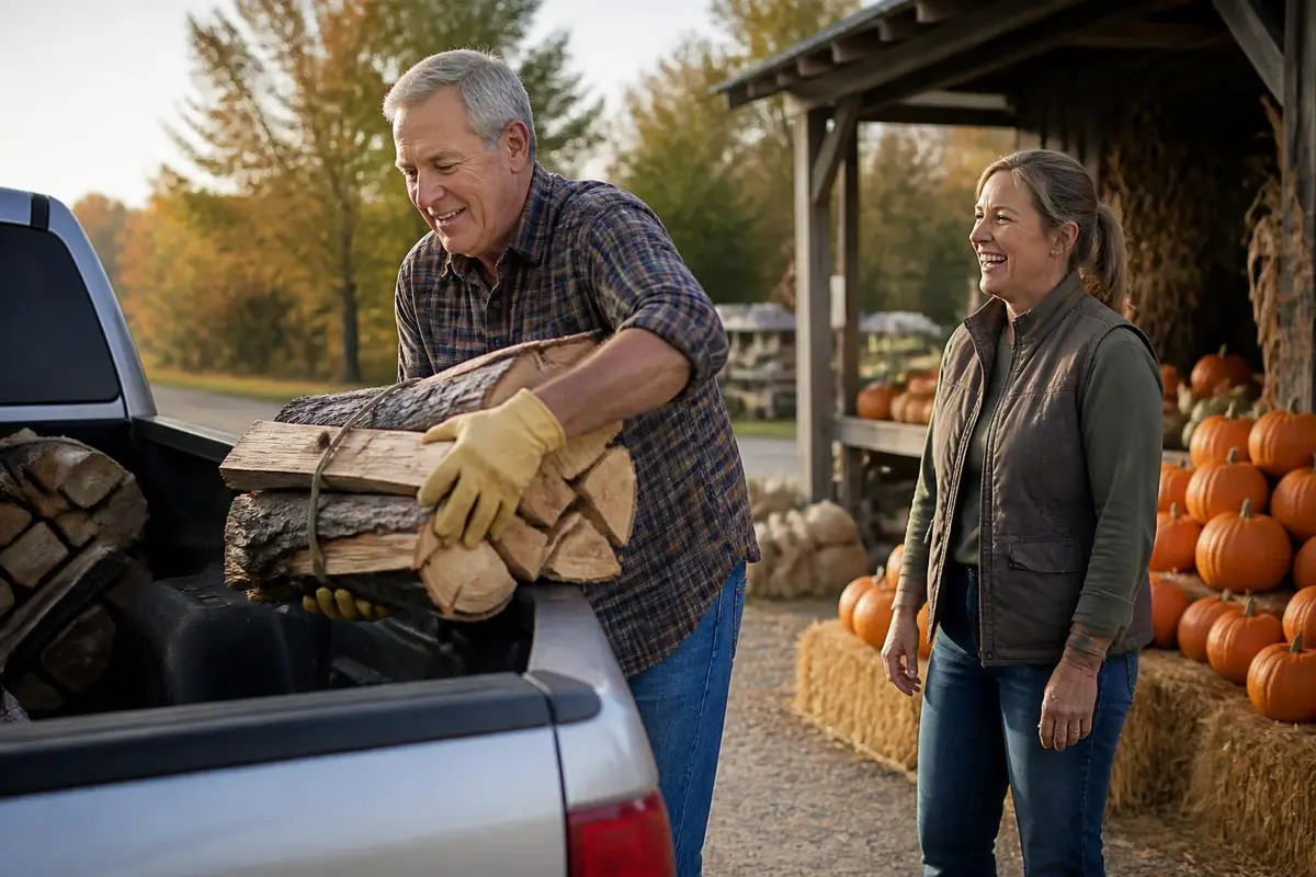 Owner loading firewood into a full-size pickup at a rural farm stand