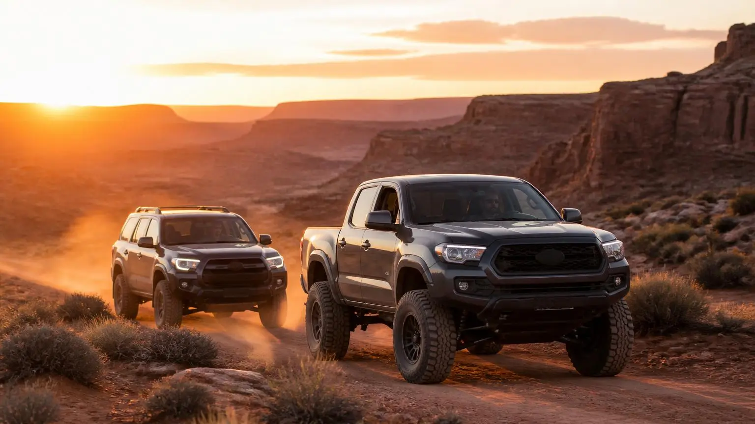 Mid-size SUV and mid-size pickup on a desert trail at sunset