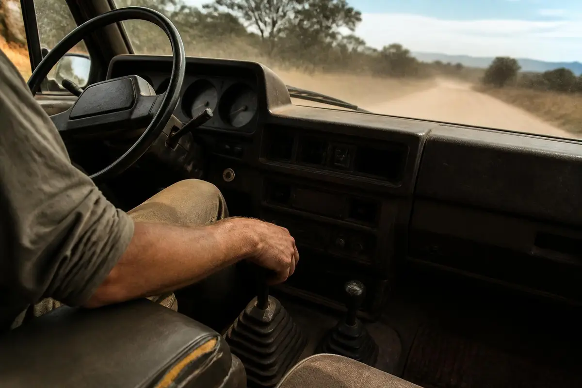 Driver's hand on a transfer case lever in an older 4x4