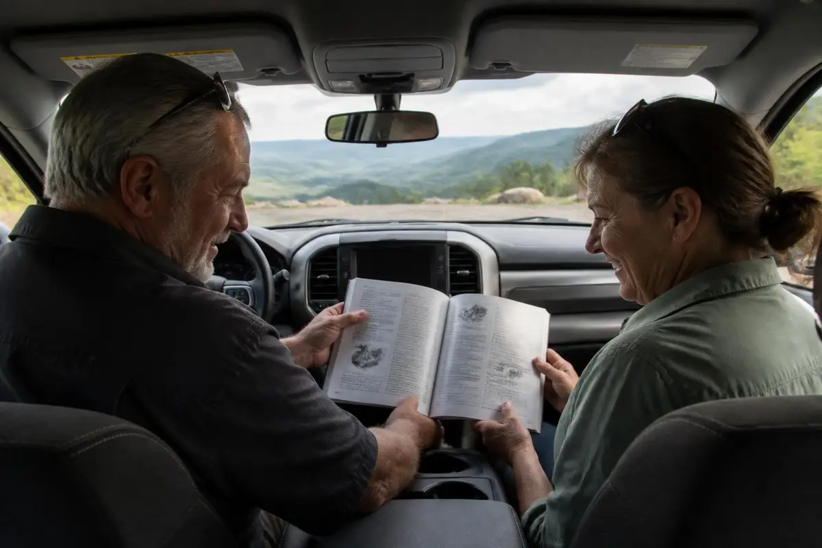 Driver and passenger checking an owner's manual in the cab