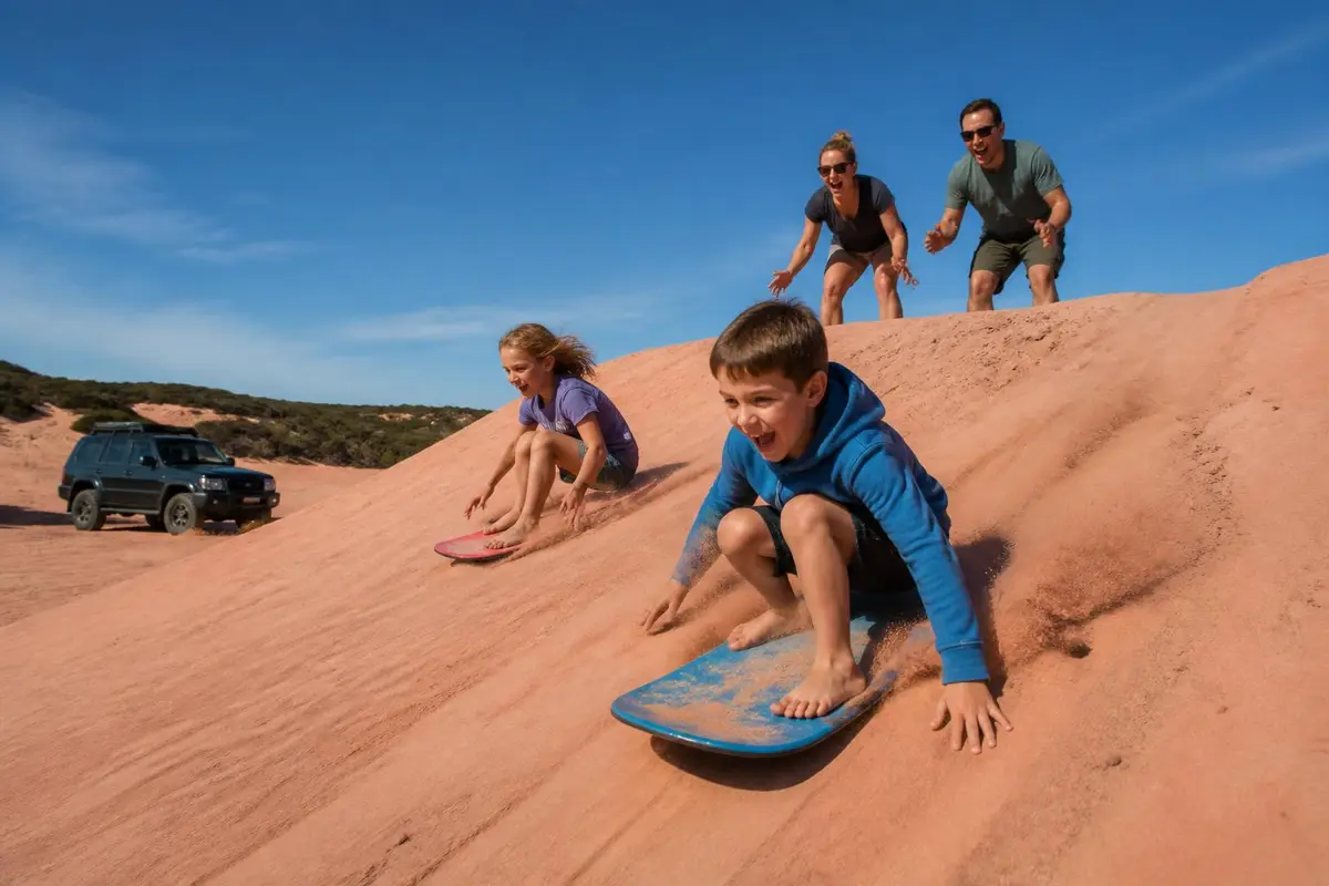 Illustrative: kids sandboarding on pink dunes while parents watch