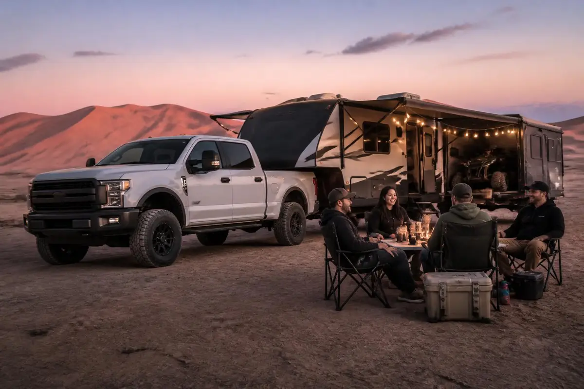 Illustrative: dune camp at dusk with a toy hauler and pickup