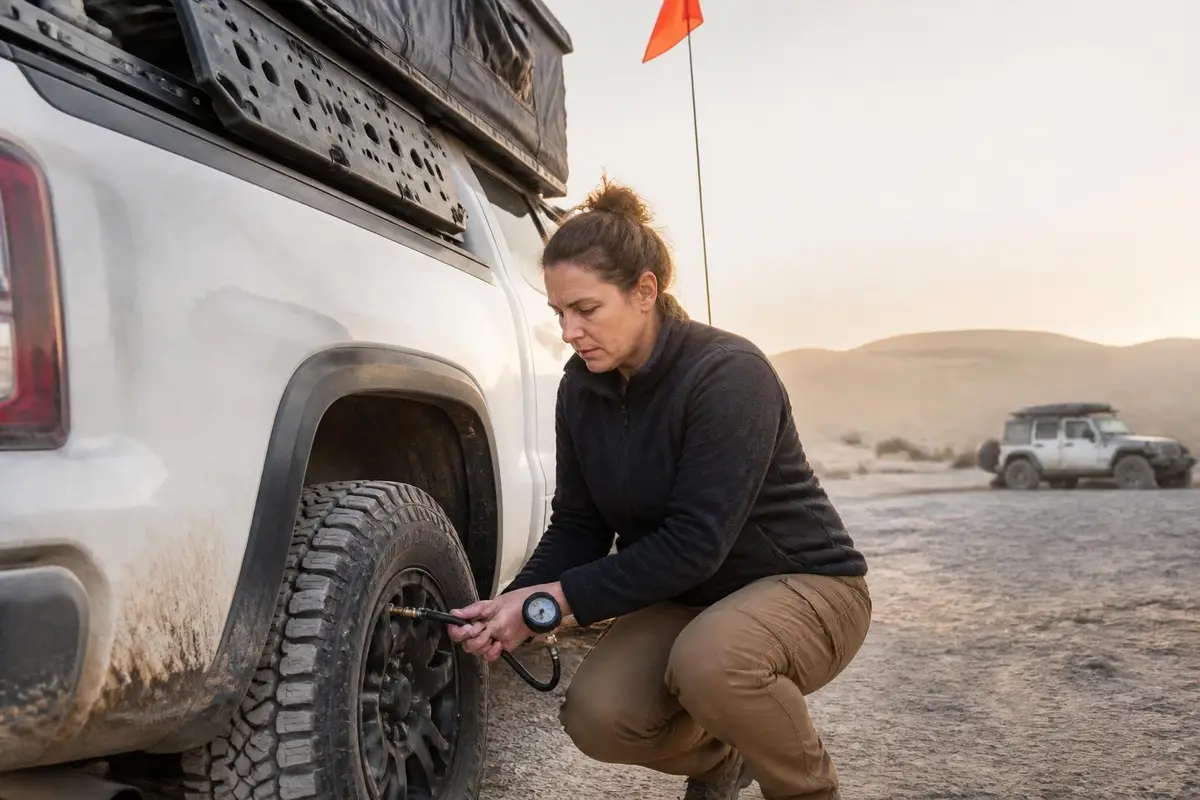 Illustrative: driver checking tire pressure after airing down on sand
