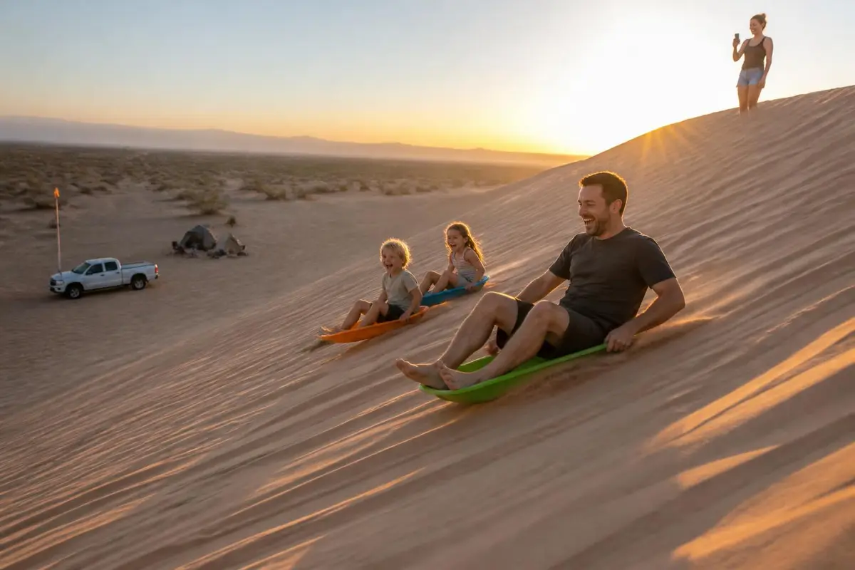 Illustrative: family sliding down a sand dune at sunrise